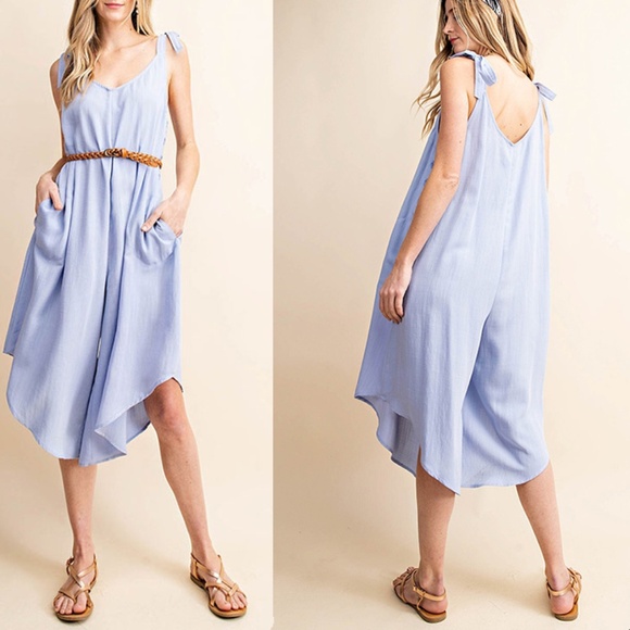 Coastal Blue Easy-flowing Silk Blend Cropped Wide Leg Jumpsuit - Picture 2 of 5